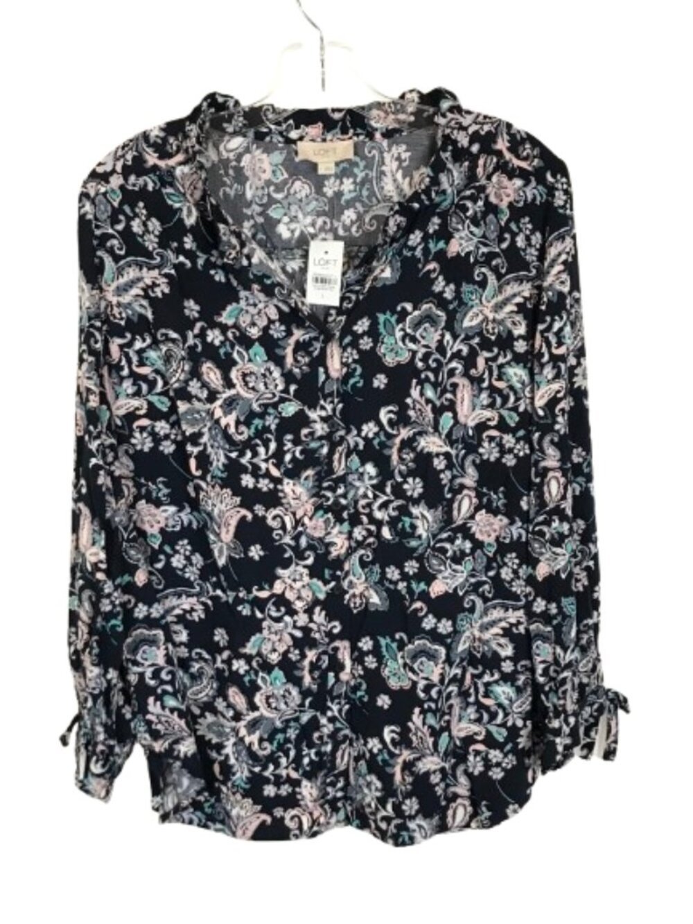 NWT Ann Taylor LOFT Outlet Size Large Tie Sleeve Dark Floral Blouse Top NEW